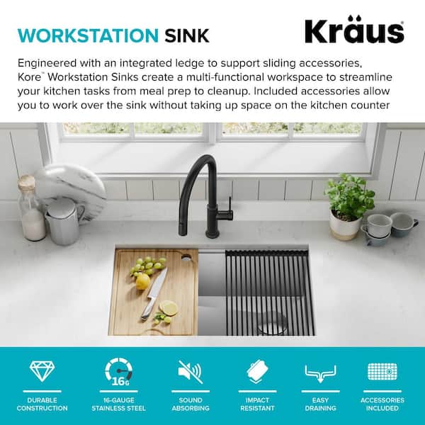 KRAUS Kore 28 Inch Undermount Workstation 16 Gauge Stainless Steel Single Bowl Stainless Steel Kitchen Sink with Accessories, KWU110-28 - 1