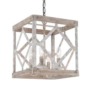 4-Light Aged Slategray Square Chandelier with Metal and Wood Shades, Adding Elegance to Sophisticated Spaces