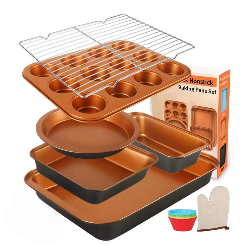 6-Piece Black and Orange Carbon Steel Baking Pans Set, Non Stick Bakeware Set Stackable with Cookie Sheet, Easy Clean