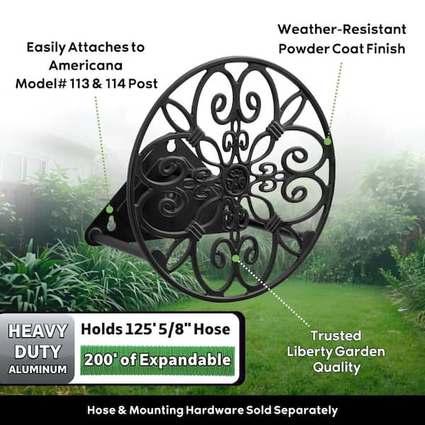 125 ft. Matte Black Cast Aluminum Decorative round Hose Hanger Garden Hose Reel