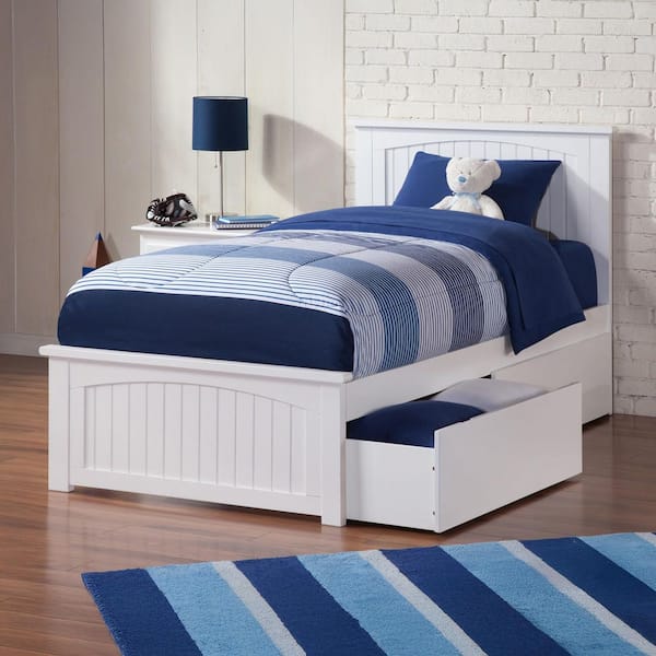 Nantucket White Twin XL Solid Wood Storage Platform Bed with Matching Foot Board and 2 Bed Drawers