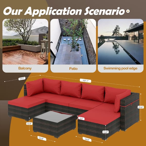 7-Piece Wicker Patio Conversation Sectional Seating Set with Coffee Table and Ottomans for Garden, Backyard, Red