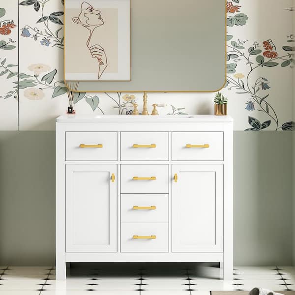 FAMYYT 36 in. Single Sink Freestanding White Solid Wood Framed Bath Vanity with White Ceramic Top, Gold Handles