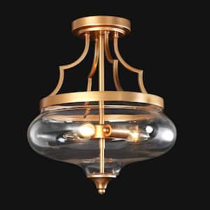 Modern Round Ceiling Light 3-Light Gold Circle Semi-Flush Mount Light with Clear Glass Shade