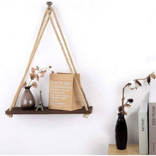 Oumilen Brown Hanging Shelves Wood Floating Wall Shelves Rustic Hanging Swing Rope Shelves Set of 4 LT BHK16