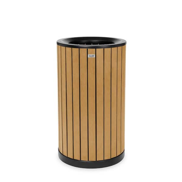 32 Gal. Cedar All-Weather Steel Commercial Outdoor Trash Can Garbage Receptacle with Slatted Wood Style Panels