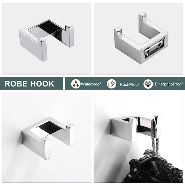 4-Piece Square Wall Mount Bath Hardware Set with Towel Bar, Towel Rack, Toilet Paper Holder and Hook in Polished Chrome