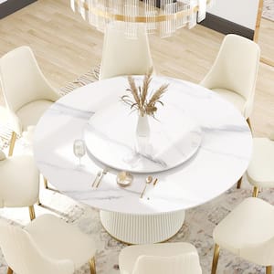 59.05 in. Rotable Round Lazy Susan Sintered Stone Tabletop Kitchen Dining Table with White Pedestal Metal Base (8 Seats)