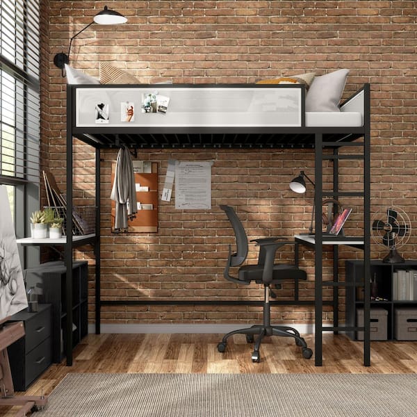 Nogren White/Black Twin Metal Loft Bed With Two Desks and Patented Noise Reduction Slat Design
