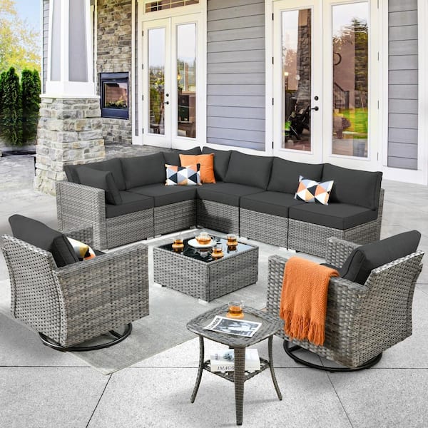 weaxty W Daffodil G Gray 10-Piece Wicker Outdoor Patio Conversation Sectional Set with Swivel Rocking Chairs and Black Cushions