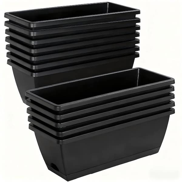 16.6 in. L x 7 in. W x 5.9 in. H Rectangular Black Plastic Flower Pots with Drainage Holes and Trays 12-Pack