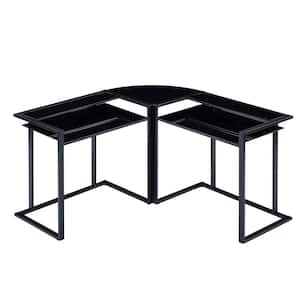 56.7 in. L-Shaped Black Tempered Glass Round Corner Computer Desk with Steel Frame and Ergonomic Monitor Riser