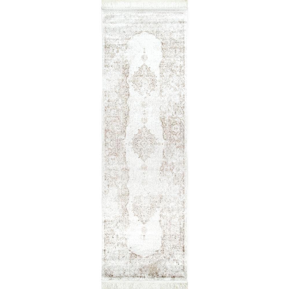 Ivory Medallion Viscose Runner Rug with Fringe, 2' 8" x 8'
