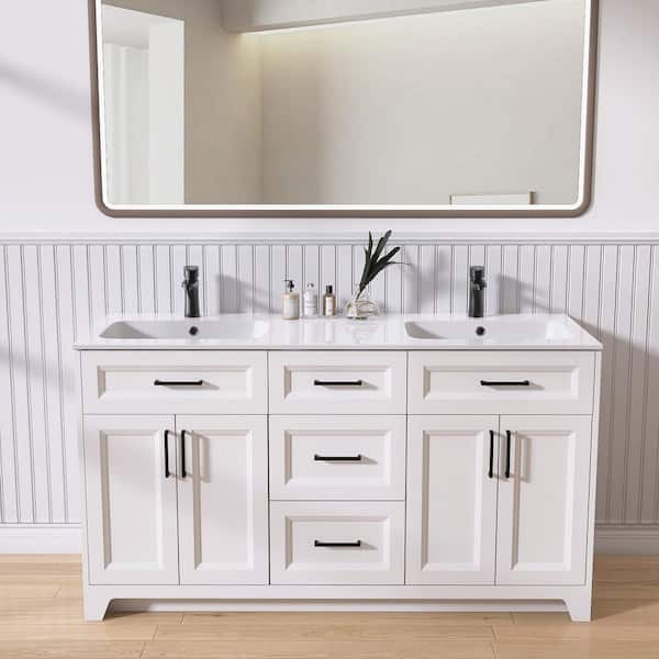 60 in. W x 22 in. D x 34.1 in. H Freestanding Solid Wood Bath Vanity and Solid Surface Top Dual Basin Bath Cabinet White