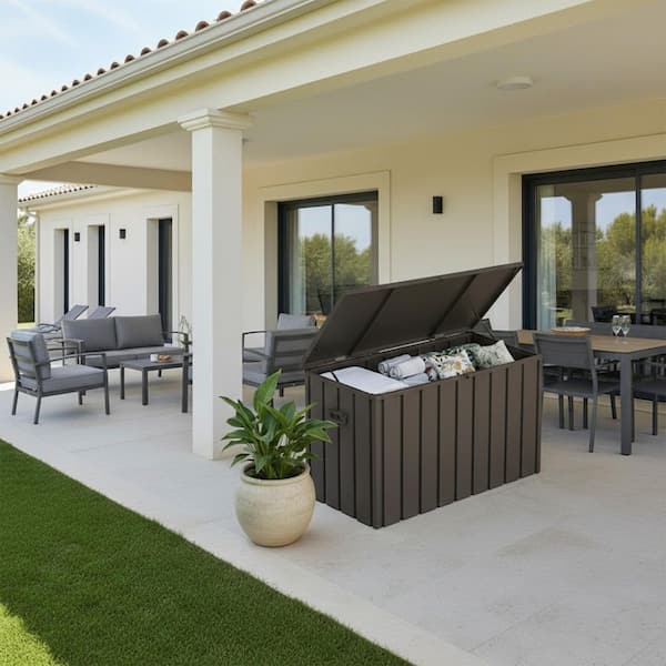 Outdoor Deck Box 120 Gallon Waterproof Lockable Storage Box Container with Lid Deck Box, Brown