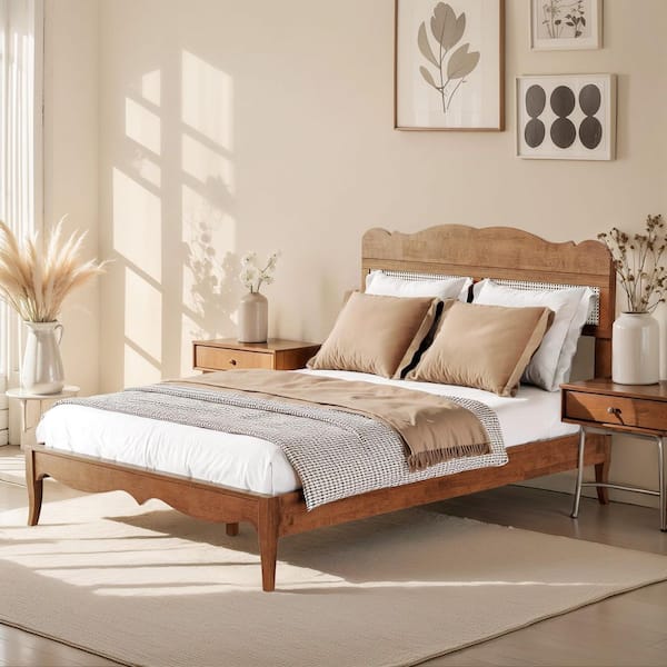 Classic Brown Solid Wood Bed Frame Full Size Platform Bed with Woven Rattan Headboard