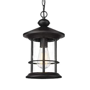 13 In.1-Light Black Outdoor Pendant Light Hanging Light Fixture with Seeded Glass Shade for Porch