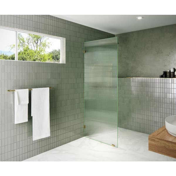 Glass Warehouse 30 in. W x 78 in. H Fixed Single Panel Frameless Shower Door in Polished Brass with Fluted Frosted Glass