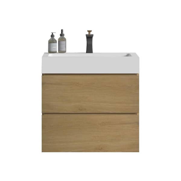 Ziyudura 24 in. Single Sink Floating Oak Bath Vanity with White Ceramic Top (Assembled), Double Drawers