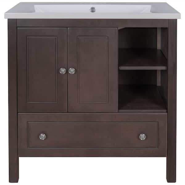 Maincraft 30 in. W x 18.03 in. D x 32.13 in. H. Bath Vanity Free-Standing in Brown with White Ceramic Top with White Basin