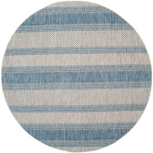 Courtyard Gray/Navy 4 ft. x 4 ft. Striped Geometric Indoor/Outdoor Patio  Round Area Rug