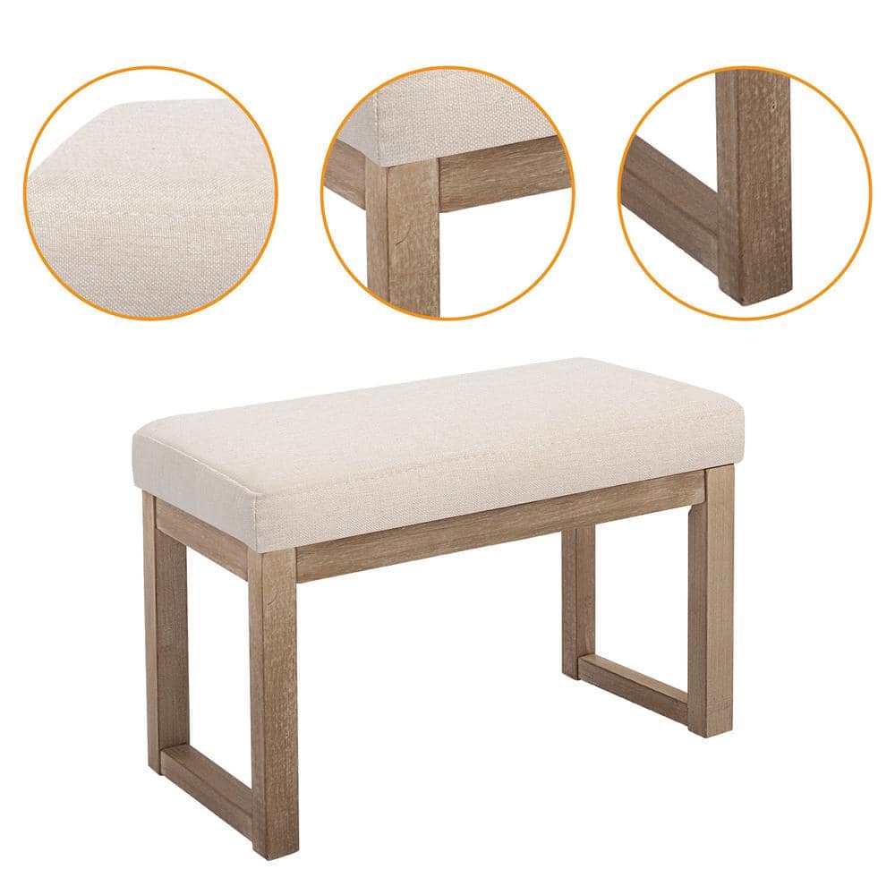 Beige Linen Upholstered Wood Leg Ottoman Bench