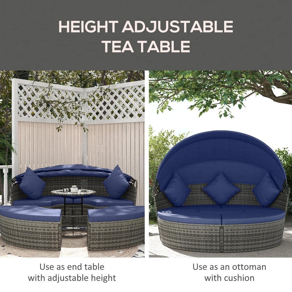 Dark Blue Round Rattan Outdoor Daybed with Adjustable Canopy