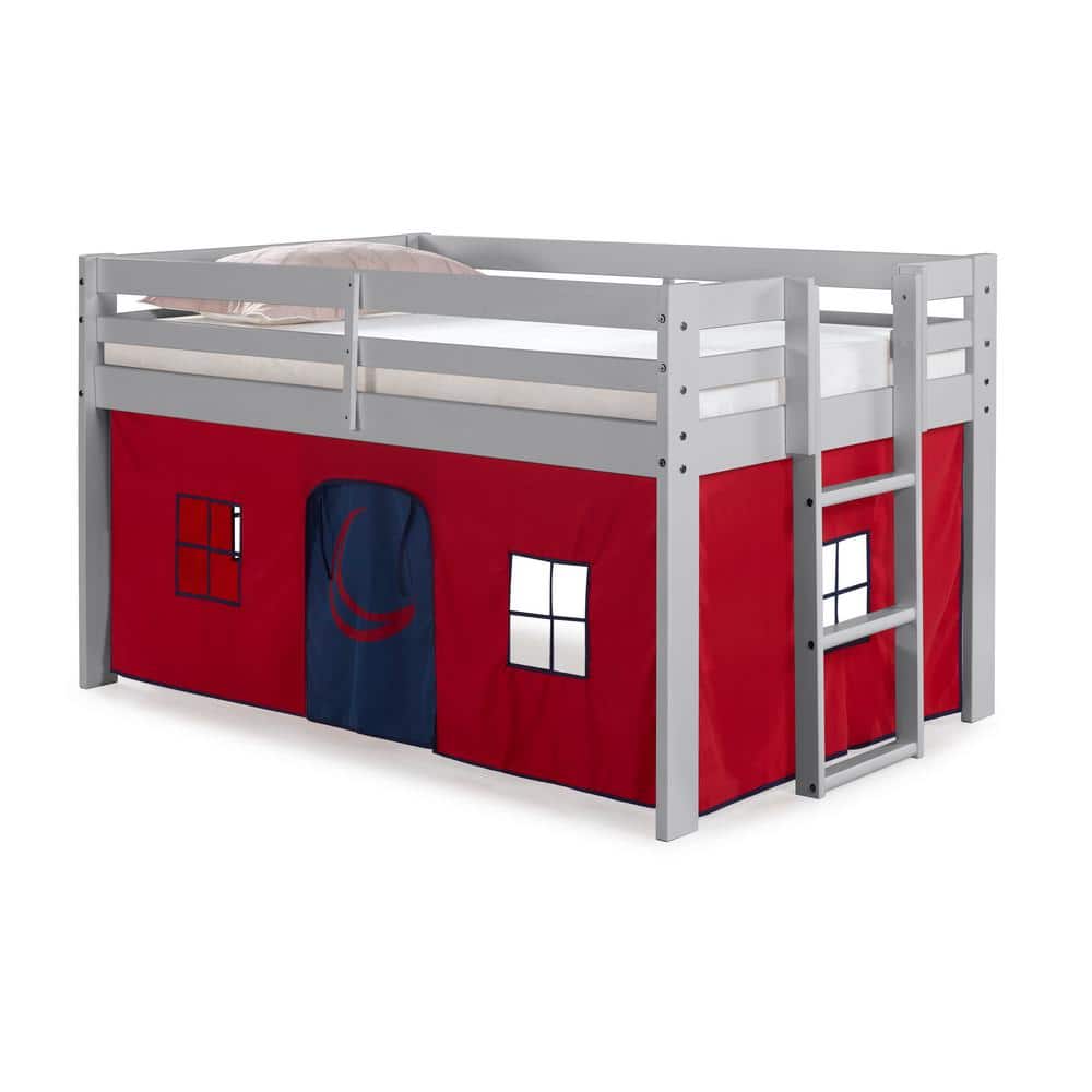 Jasper Twin Junior Loft Bed, Dove Gray Frame and Red/Blue Bottom Playhouse 