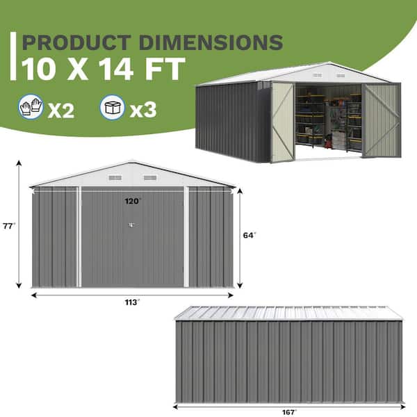 Patiowell 10 ft. W x 14 ft. D Outdoor Storage Metal Shed with