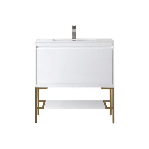 James Martin Vanities Milan 35.4 in. W x 18.1 in. D x 36 in. H Bathroom Vanity in Glossy White with Glossy White Mineral Composite Top