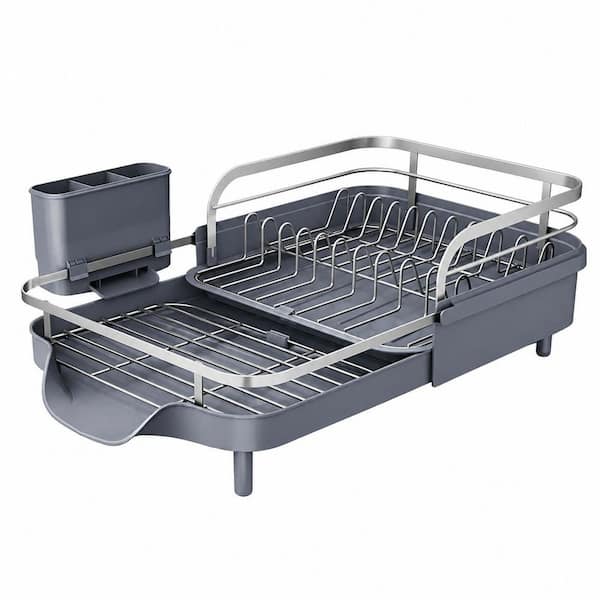 Expandable Stainless Steel Dish Drying Rack with Drainboard Set and Utensil Holder for Kitchen Counter, Gray