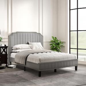 78 in. W Gray Full Linen Solid Wood Frame Curved Upholstered Platform Bed, Nailhead Trim