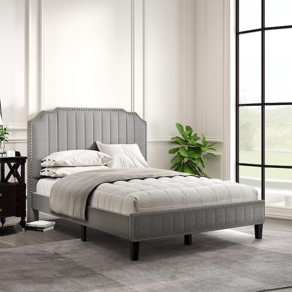 Full/Queen/King Size Upholstered Platform Bed Frame with Wooden Slats & Nailhead 