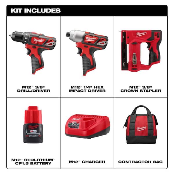 M12 12-Volt Lithium-Ion Cordless 2-Tool Combo Kit with M12 12-Volt Lithium-Ion Cordless 3/8 in. Crown Stapler