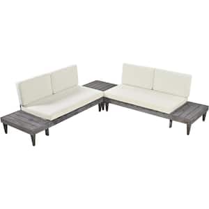 3-Piece Wood Outdoor Sectional Sofa Set with Coffee Table with Side Table and Beige Cushions