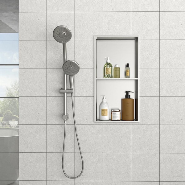 FUNKOL 13 in. x 25 in. Brushed Nickel Stainless Steel Wall Mounted Shower Niche Double Shelf