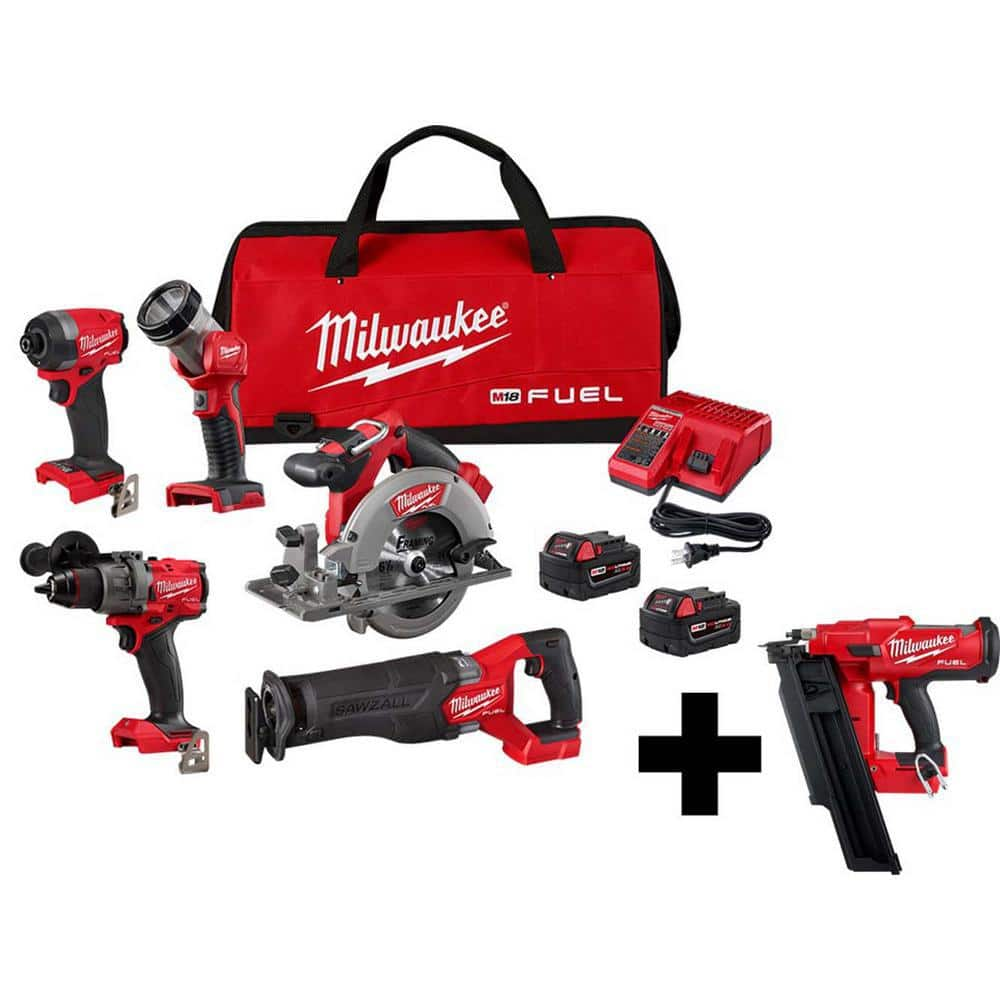 M18 FUEL 18-Volt Lithium-Ion Brushless Cordless Combo Kit (5-Tool) with 21-Degree Brushless Cordless Framing Nailer -  Milwaukee