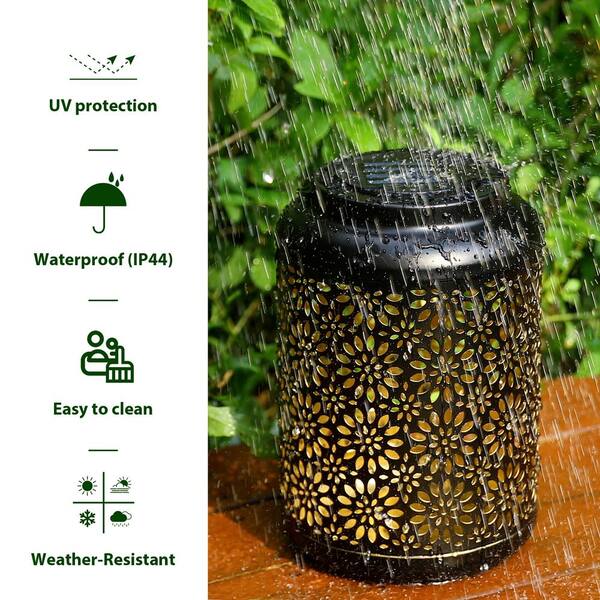 8.75 in. H Black Metal Cutout Flower Solar Powered Outdoor Hanging Lantern  with LED Light (Set of 2)