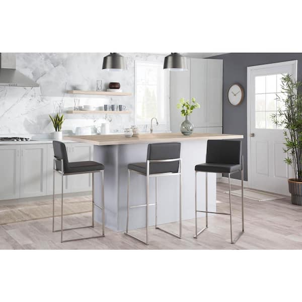 LumiSource Fuji High Back 31 in. Grey Faux Leather and Stainless Steel Metal Bar Stool (Set of 3)