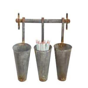 15.25 in. x 5 in. Gray Antiqued Metal Wall Rack with 3 Hanging Baskets Cone Pots