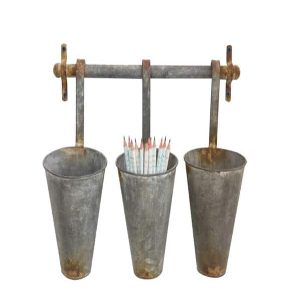 Storied Home 15.25 in. x 5 in. Gray Antiqued Metal Wall Rack with 3 Hanging Baskets Cone Pots