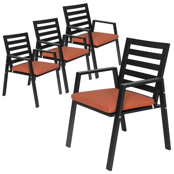 Leisuremod Chelsea Modern Outdoor Dining Chair Black Aluminum Removable Cushions (Set of 4) Orange
