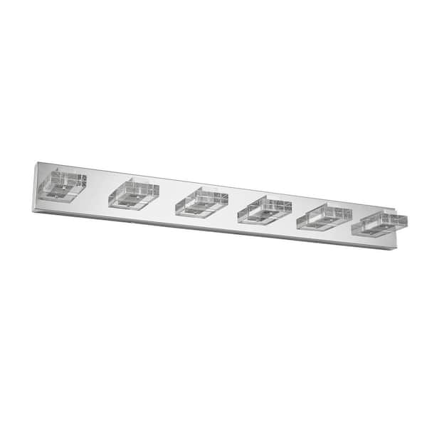 38 in. Chrome 6-Light LED Vanity Light - Square Acrylic Wall Fixture with Dimmable Function for Bathroom Mirror