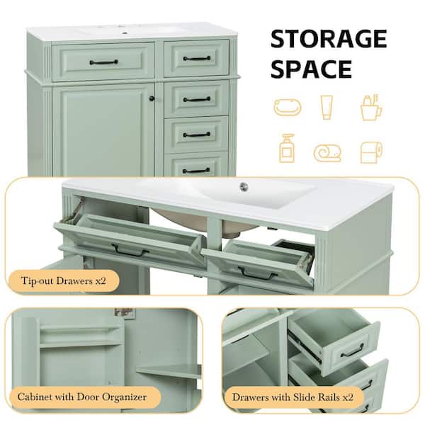 JUJABU 36 in. Freestanding Green Bath Vanity with White Ceramic