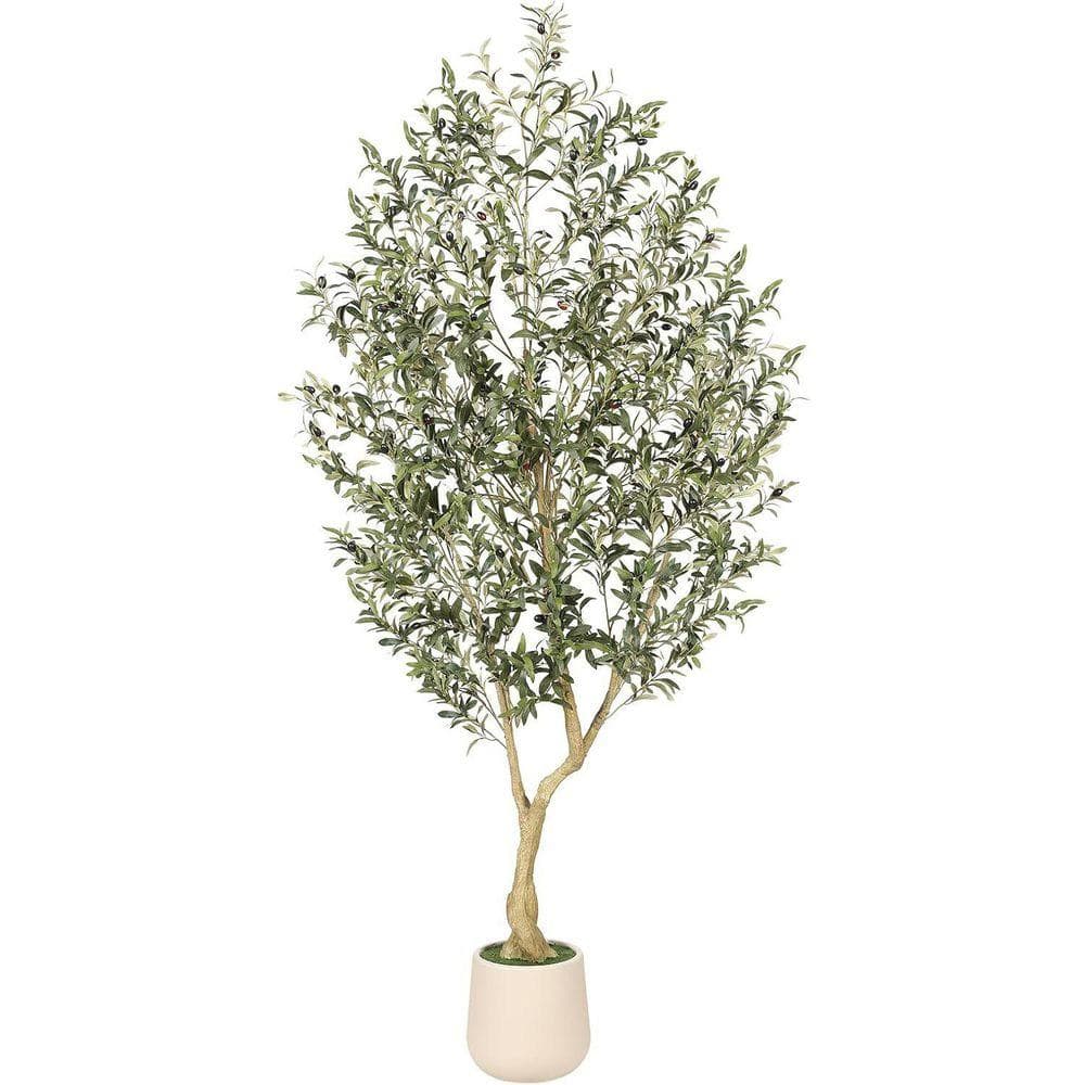7 ft. Artificial Olive Tree in White Planter with Thick Trunk and ...