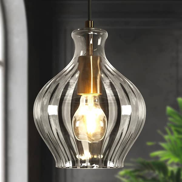 Uolfin Transitional Bell Kitchen Island Pendant Light 1-Light Black and Brass Modern Pendant Light with Clear Glass Shade