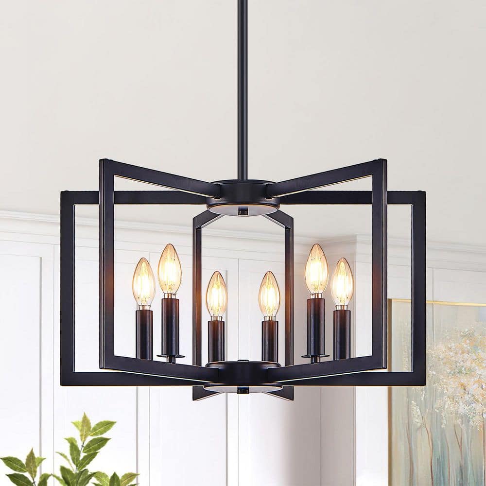 6-Light Black Geometric Pendant Light, Adjustable Hanging Lights Industrial