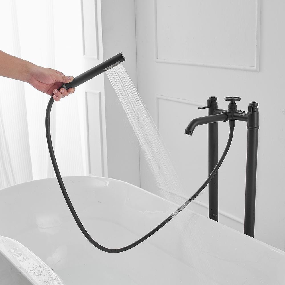 Matte Black Freestanding Floor Mount Tub Faucet with Hand Shower