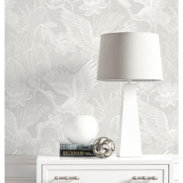 60.75 sq. ft. Grey White Heron Floral Stringcloth Paper Unpasted Wallpaper Roll