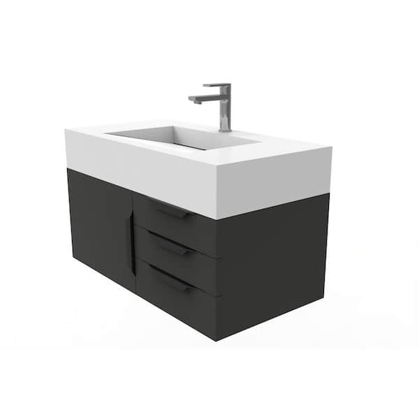 castellousa Nile 36 in. W x 19 in. D x 20 in. H Bath Vanity in Matte Black with Black Trim and White Solid Surface Top